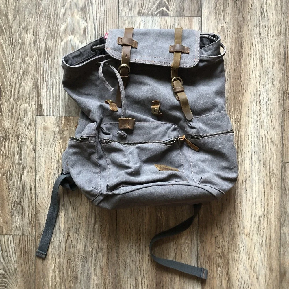 Vintage AUGUR Strauss & Co Gray Canvas Backpack Rucksack Hiking Travel